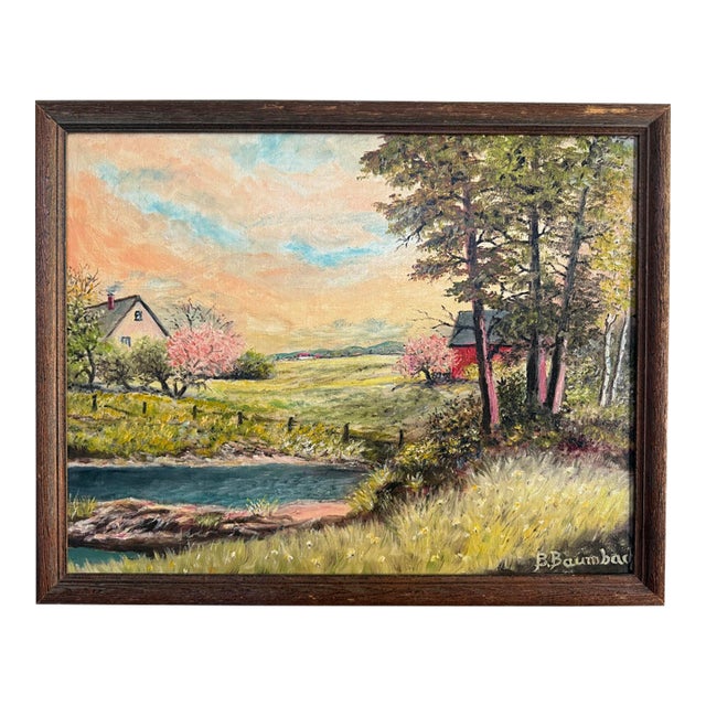 1960s Original Framed Idyllic Landscape Oil Painting by B. Baumbach For Sale