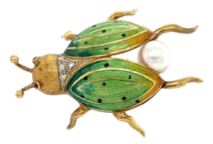 Diamond Pearl & Ruby Enamel 18k Yellow Gold Beetle Bug Pin Brooch
