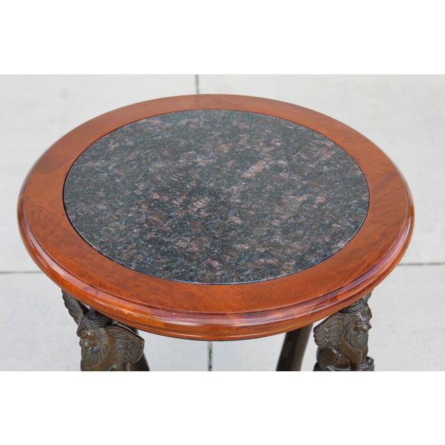 Mid-Century Egyptian Revival Style Round Stone-Top Accent Table With Sculptural Winged Griffins. For Sale In Naples, FL - Image 6 of 12