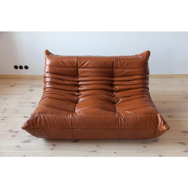Cognac Brown Leather Togo Living Room by Michel Ducaroy for Ligne Roset, Set of 5 For Sale - Image 6 of 13