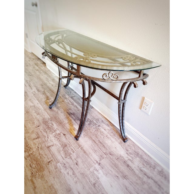 Hollywood Regency Vintage Hollywood Regency Italianate Glass Console Table With Ornate Gilt Iron Base For Sale - Image 3 of 10