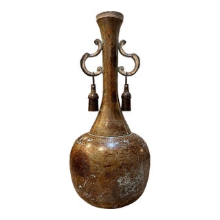 Vintage Indian Bronze-Tone Metal Vessel With Hanging Bells – Patina – 11.5” For Sale