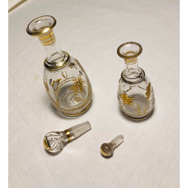 Art Deco Antique Blown Glass Perfume Bottles With Enamel Painting One Large One Small With Stoppers For Sale - Image 3 of 8