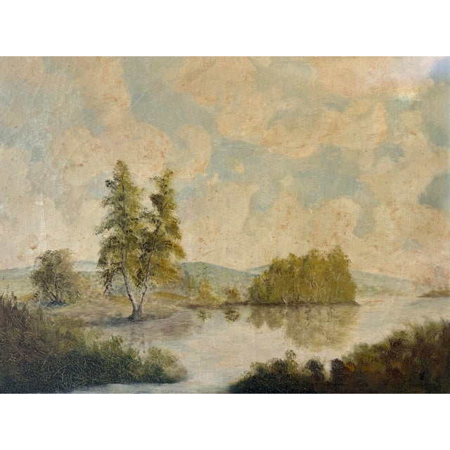 This is a lovely 19th c pastoral landscape oil on canvas depicting a serene misty lake at dawn or dusk. Soft texture and...