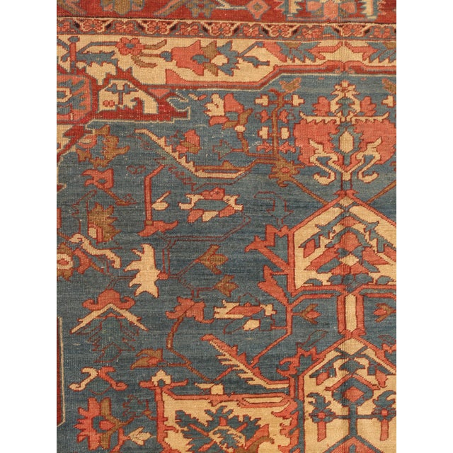Antique Persian Serapi Handmade Light Blue, Ivory & Rusty Red Rug For Sale In New York - Image 6 of 12