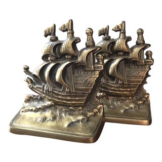 Vintage Brass Schooner Ship Nautical Bookends - a Pair For Sale