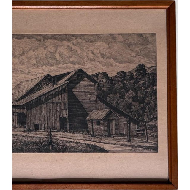 Wood Vintage Luigi Lucioni Hand-Signed Fine Art Etching New England Regionalist Landscape Weathered Vermont Barn Custom Framed For Sale - Image 7 of 12
