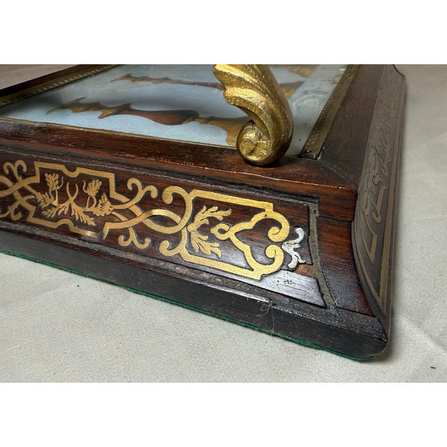 Antique 19th Century French Boulle Wood Brass Original Watercolor Vanity Tray For Sale - Image 11 of 14