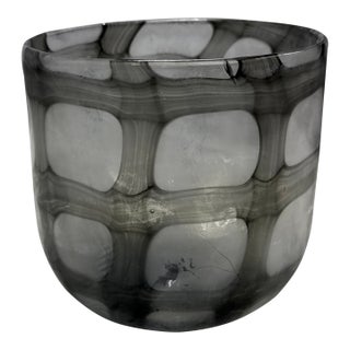 Contemporary Smoke Gray + White Geometric Art Glass Bowl Vase For Sale