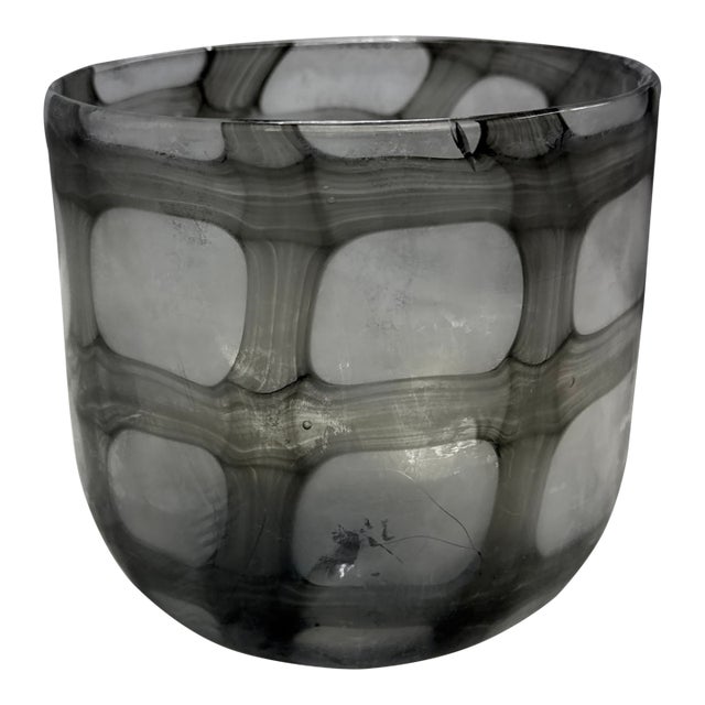 Contemporary Smoke Gray + White Geometric Art Glass Bowl Vase For Sale