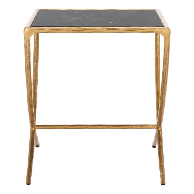 Debbie Square Metal Accent Table in Brass with Black Marble Top For Sale