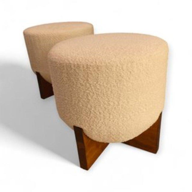 Brutalist Wooden and Bouclé Poufs, Set of 2 For Sale - Image 5 of 5