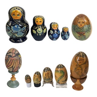 Vintage Lot 3 Russian Hand Painted Wooden Egg Sets Plus Matryoshka Dolls For Sale