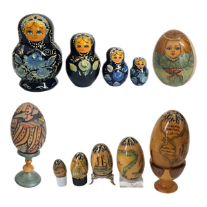 Vintage Lot 3 Russian Hand Painted Wooden Egg Sets Plus Matryoshka Dolls