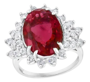 7.5 Carat Oval Rubellite and 1 Carat Diamond 18 Karat Gold Cocktail Ring Estate
