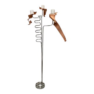 1990s Machine Chrome & Copper 3 Arm Artist Signed Abstract Sculptural Candelabra For Sale