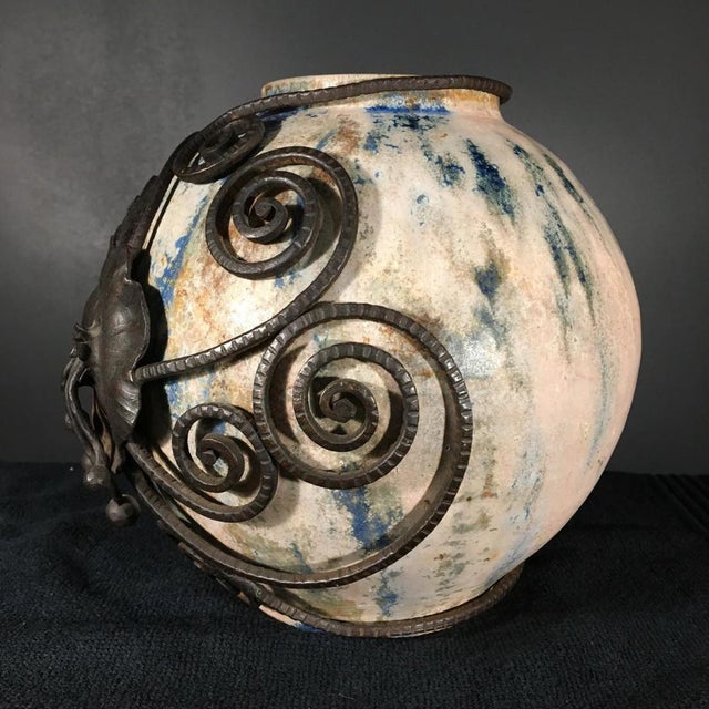 Art Deco Ball Vase in Stoneware and Wrought Iron by Roger Guérin & François Carion, 1925 For Sale - Image 5 of 11