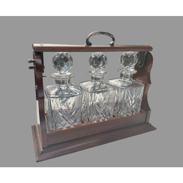 English Vintage Mahogany 3 Bottle Tantalus Locking Liquor Decanter Set Cut Glass - 4 pcs For Sale - Image 3 of 11