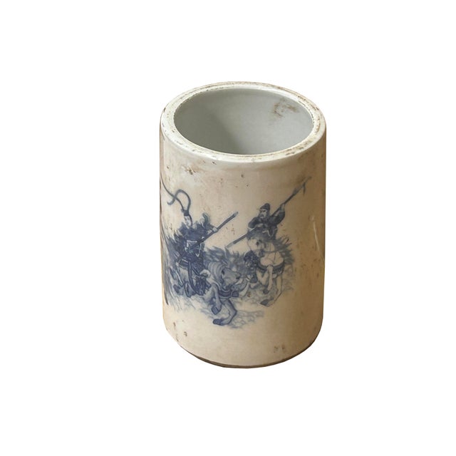 Ceramic Chinese Distressed White Porcelain Blue Warrior Horse Graphic Holder Vase For Sale - Image 7 of 10