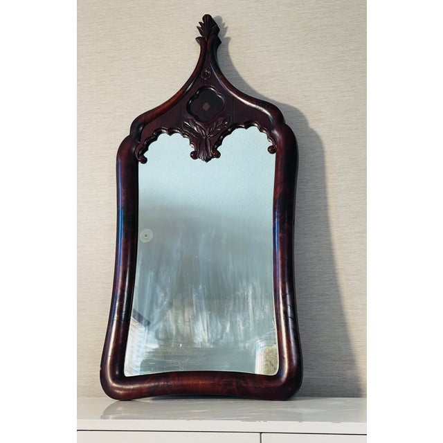 19 th c American Antique Gothic Style walnut veneer wall mirror with original mercury glass.