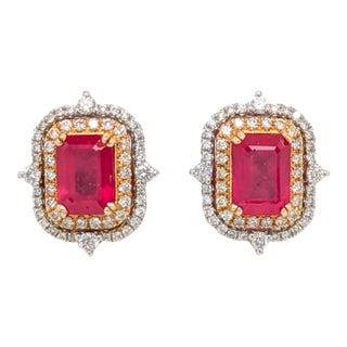 3ct Ruby Earrings With Natural Diamond Halo in 14k Dual Yellow and White Gold - 2 Pieces For Sale