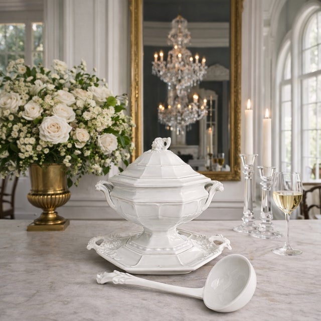 A substantial vintage soup tureen crafted in heavy American ironstone by Red Cliff, featuring an octagonal pedestal form...