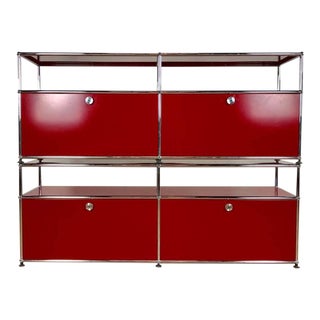 USM Red Modular Metal Haller Cabinets - A Pair For Sale