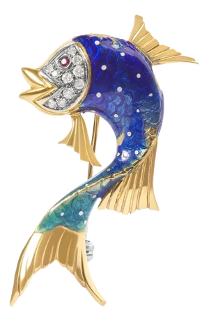 18K Yellow Gold and Blue Enamel Diamond and Pink Sapphire Fish Brooch Pin (H-I Color, VS2-SI1 Clarit