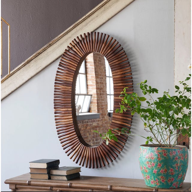 Farmhouse Matthew Izzo Home Oval Rolling Pin Wood Framed Mirror For Sale - Image 3 of 3