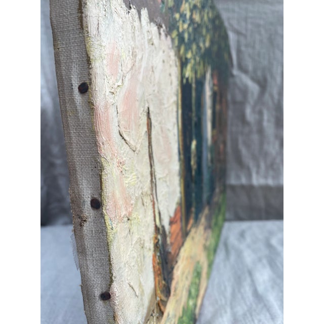 A sun-dappled courtyard scene painted in bold impasto and signed Nean Gallé. Everyday details—a broom resting against a...