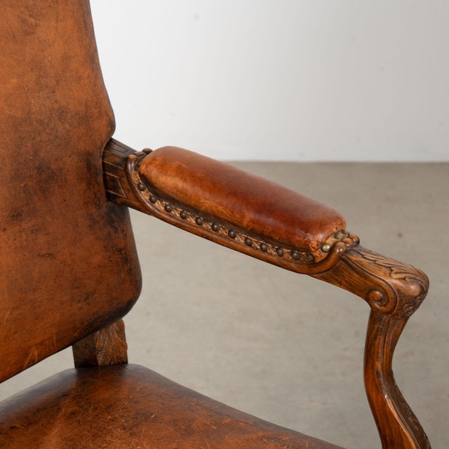 Brown Pair of 20th Century French Oak Armchairs With Vintage Leather For Sale - Image 8 of 18
