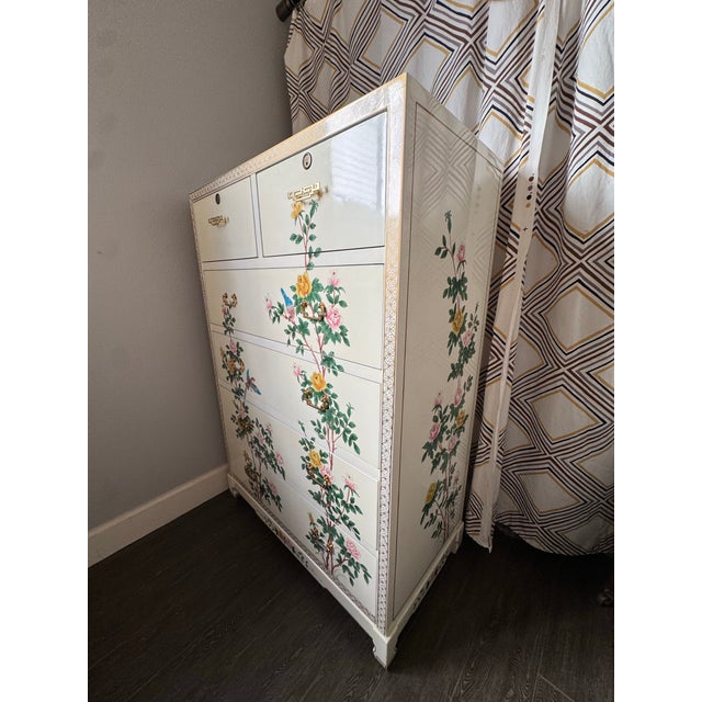 Paint Vintage, Floral, White Lacquer Chinoiserie Tall Boy Dresser For Sale - Image 7 of 18