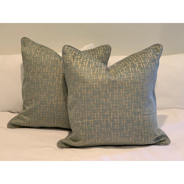 2020s Custom Blue Cut Velvet Tapestry Pillows - A Pair For Sale - Image 5 of 5