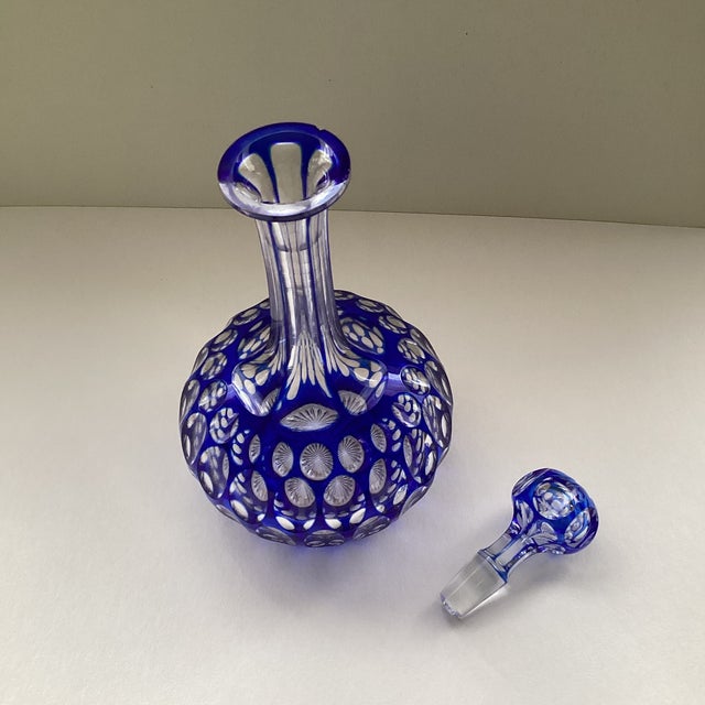 Late 19th Century Antique Cut Crystal Decanter With Cobalt Blue Thumbprint Design For Sale - Image 5 of 6