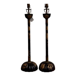Pair of Antique Japanese Meiji Period Black Lacquer Candlestick Lamps For Sale