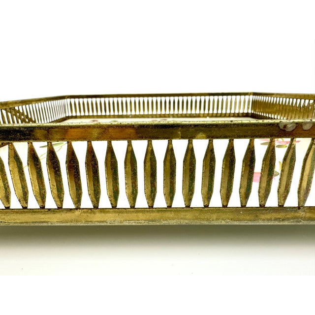 Cream Vintage Fine Arts Studio Hand Painted Metal Floral Square Tray For Sale - Image 8 of 12