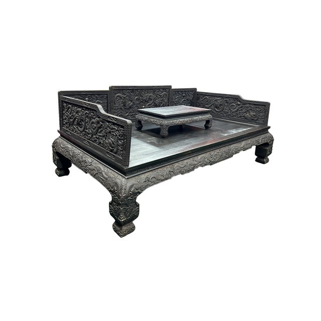 Asian Oriental Dragon Relief Motif Solid Dense Tan Wood Luohan Daybed For Sale - Image 3 of 16