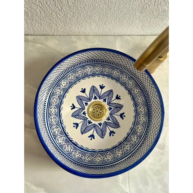 Navy Blue Vessel Sink for Bathroom, Handmade Ceramic Basin With Brass Drain For Sale - Image 4 of 8
