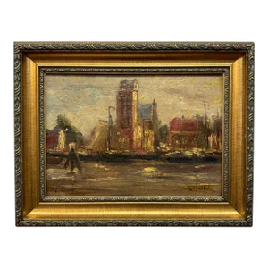 Louis Van Der Pol (1896-1982) Dutch Harbor Scene by Well-Known Listed Artist Painting