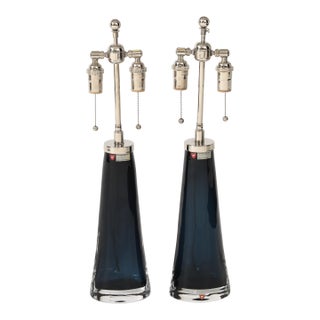 Pair of Large Midnight Blue Orrefors Lamps by Carl Fagerlund. For Sale