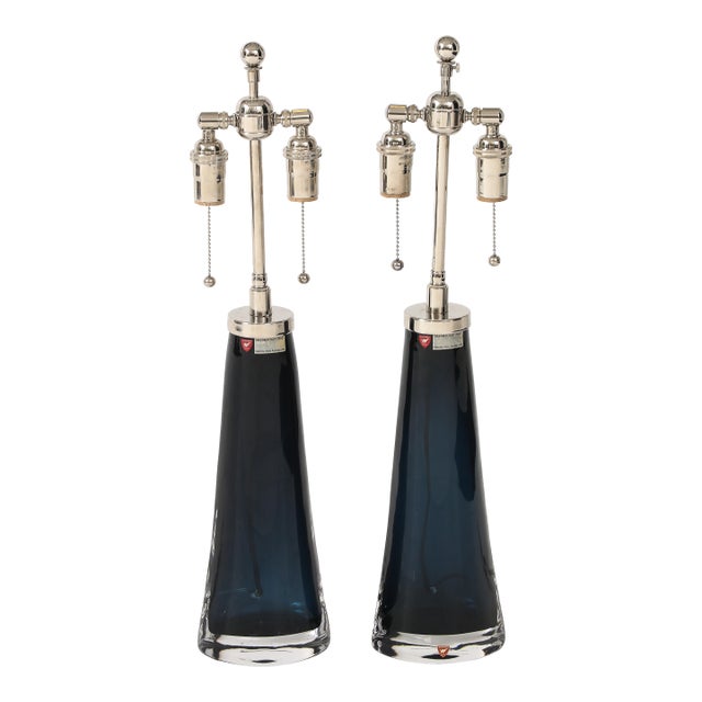 Pair of Large Midnight Blue Orrefors Lamps by Carl Fagerlund. For Sale