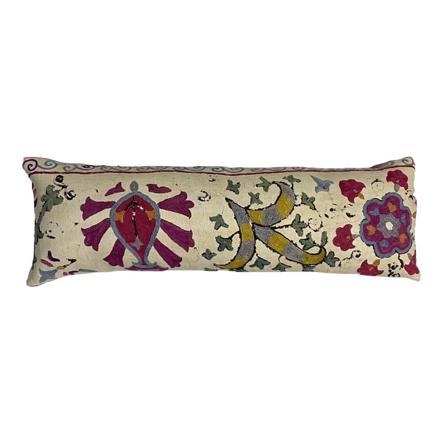 Single Antique Silk Embroidery Suzani Pillow For Sale