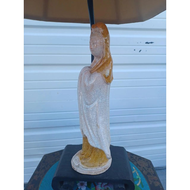 Pair of Antique Asian Pottery Figural Lamps on Bases For Sale - Image 4 of 6