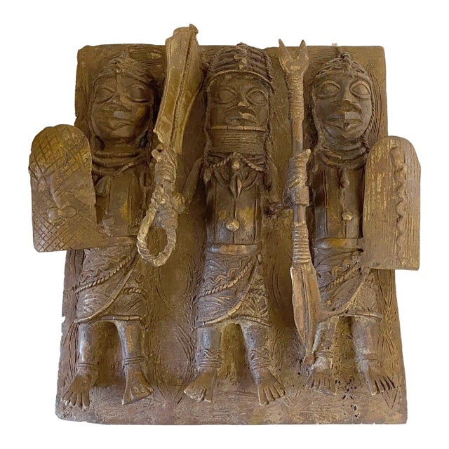 Vintage African Benin Bronze Plaque W/ Warriors 14" H For Sale