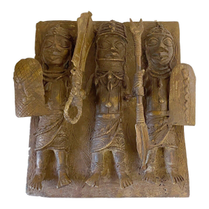 Vintage African Benin Bronze Plaque W/ Warriors 14" H