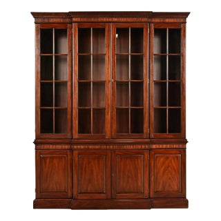 Henkel Harris Georgian Carved Mahogany Lighted Breakfront Bookcase Cabinet For Sale
