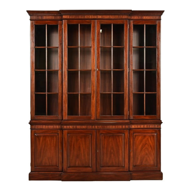 Henkel Harris Georgian Carved Mahogany Lighted Breakfront Bookcase Cabinet For Sale