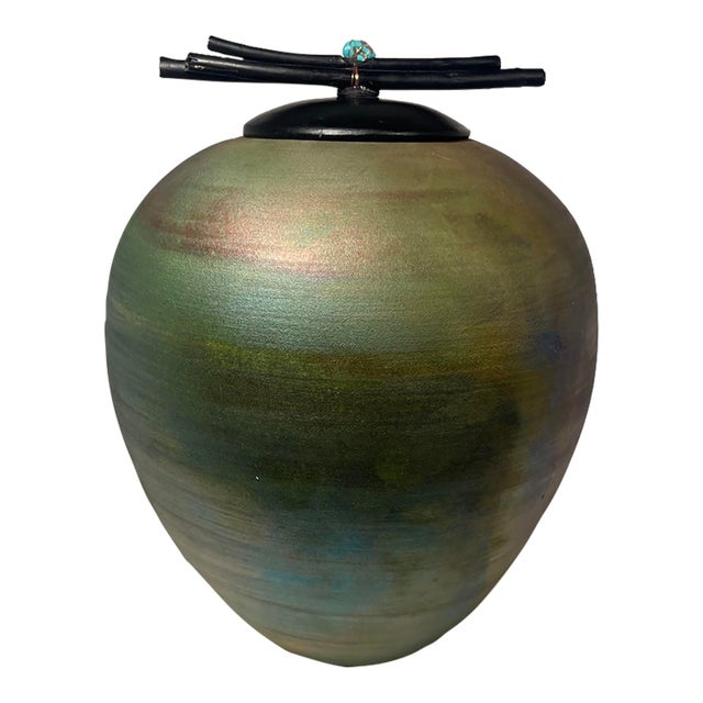 Jeremy Diller Raku Pottery Dream Jar W/ Turquoise Lid California Artist Signed For Sale