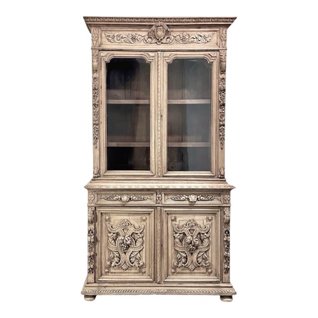 19th Century French Renaissance Revival Carved Oak Bookcase ~ Cabinet in Stripped Oak For Sale