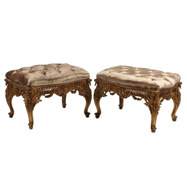 Wood Traditional French Style Velvet Carved Giltwood Stools - a Pair For Sale - Image 7 of 7